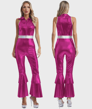 Dames Jumpsuit 70s Disco Metallic Met Wijde Pijpen en Flare Mouwen
