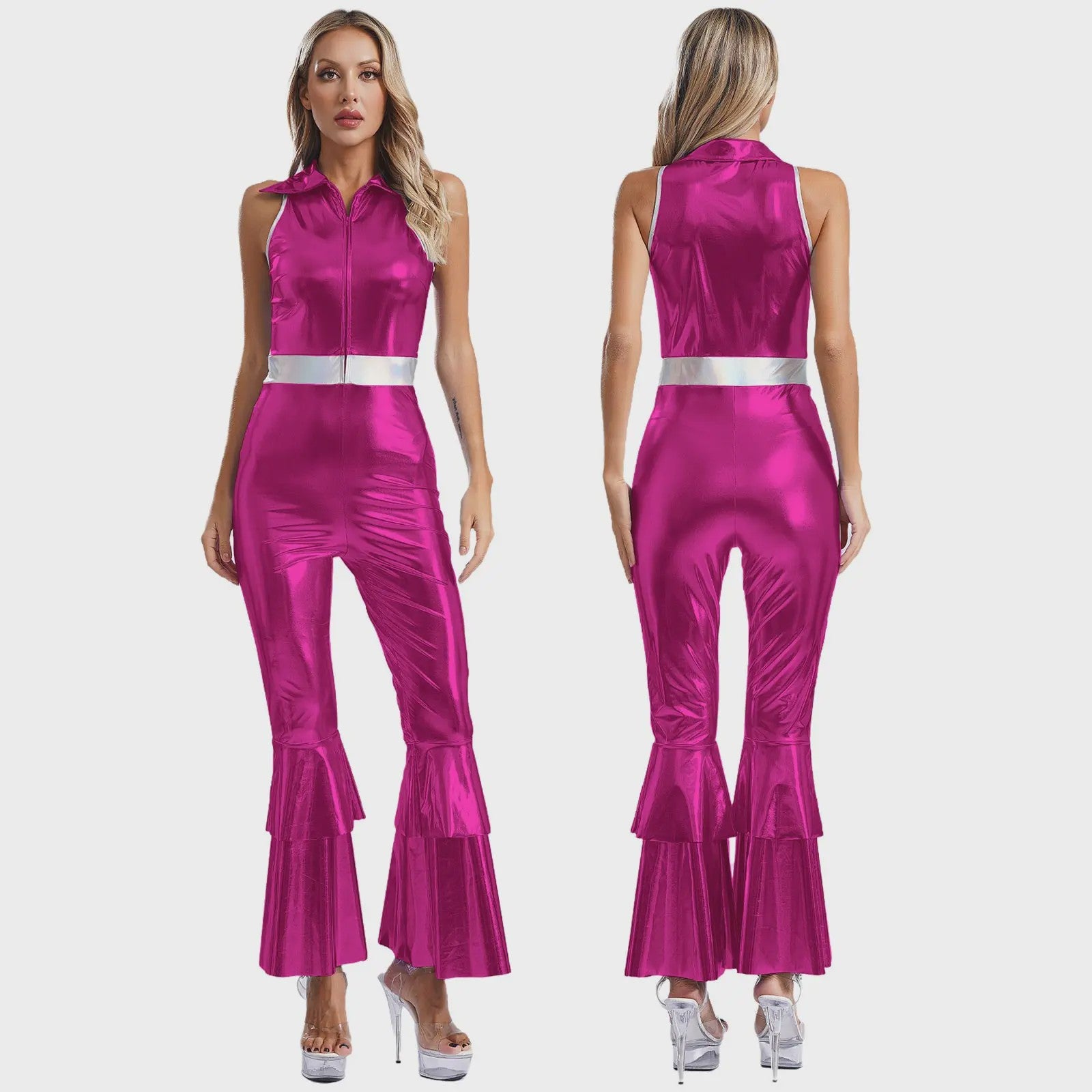Dames Jumpsuit 70s Disco Metallic Met Wijde Pijpen en Flare Mouwen