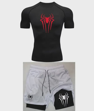 Heren Sport Set: Compressie T-shirt & Short met Spider Print