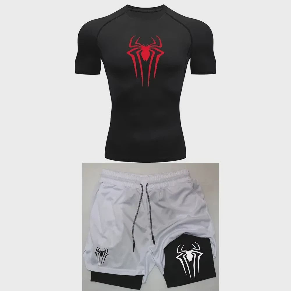 Heren Sport Set: Compressie T-shirt & Short met Spider Print