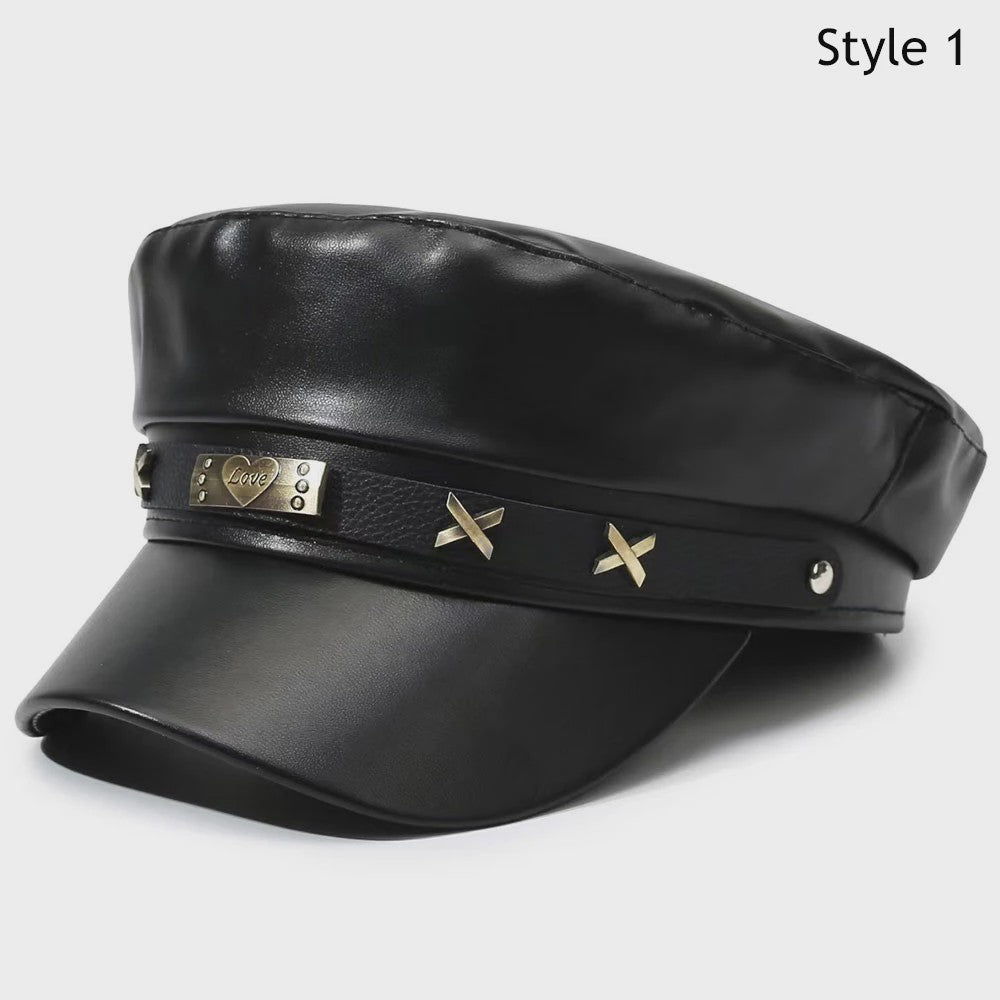 Klassieke Zwarte PU Lederen Baret met Vizier - Retro Stijl Pet voor Dames