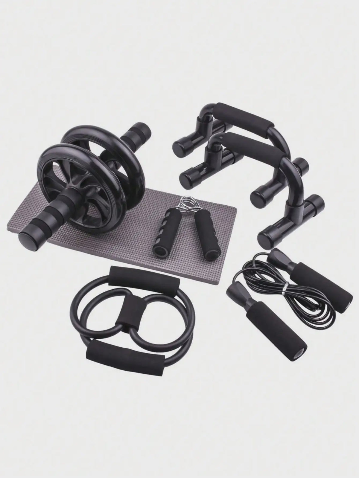7-delige Home Workout Set: Springtouw, Handknijper, Push-up Bars & Buikroller