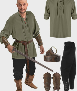 Herencostuum Middeleeuwse Piraat/Viking - Renaissance Set met Shirt, Broek, Riem & Armboeien