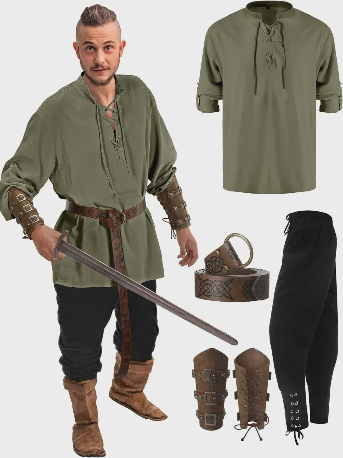 Herencostuum Middeleeuwse Piraat/Viking - Renaissance Set met Shirt, Broek, Riem & Armboeien