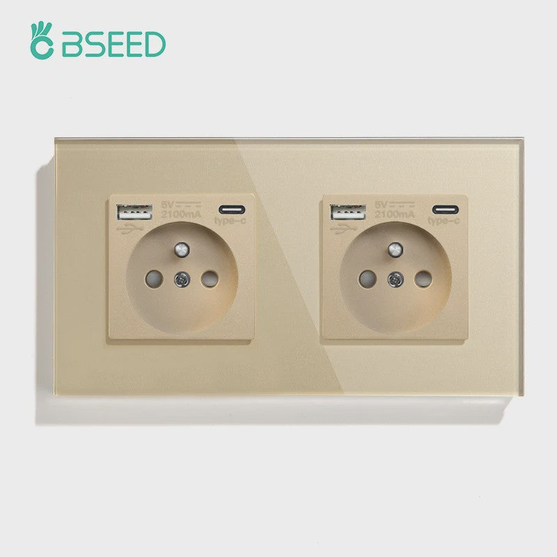BSEED Wandcontactdoos met Dubbele USB & Type-C Poorten - Stijlvol Glazen Frame