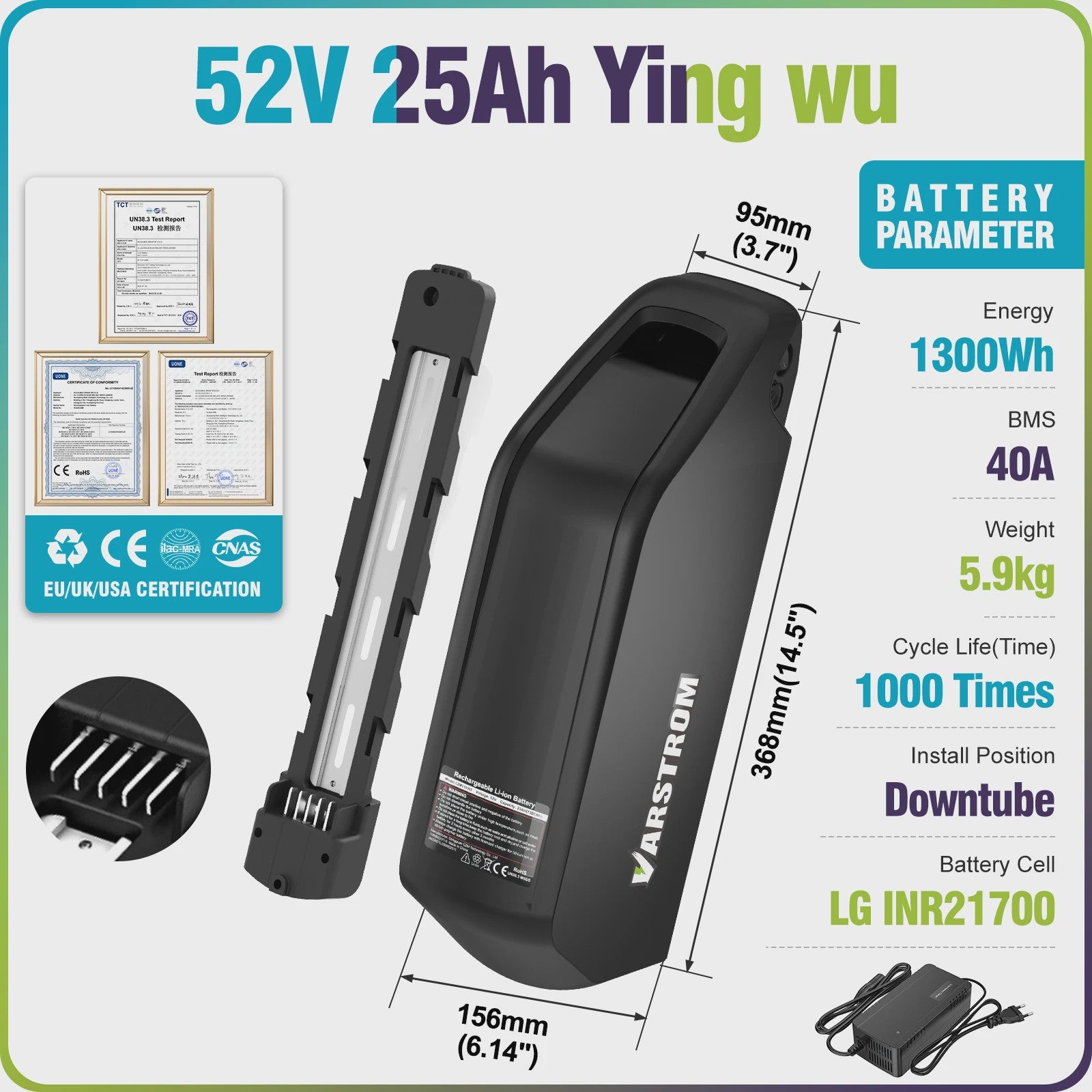 Varstrom E-bike Batterij 36V/48V/52V - Krachtige Lithium Accu met 40A BMS & Lange Levensduur