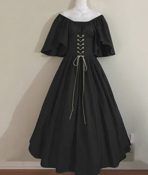 Middeleeuwse Retro Jurk met Contrastkleuren en Off-Shoulder Halslijn