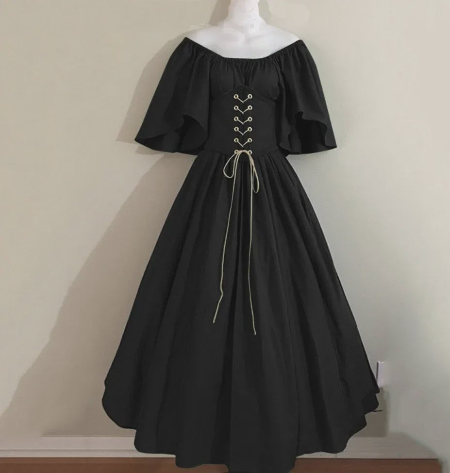 Middeleeuwse Retro Jurk met Contrastkleuren en Off-Shoulder Halslijn