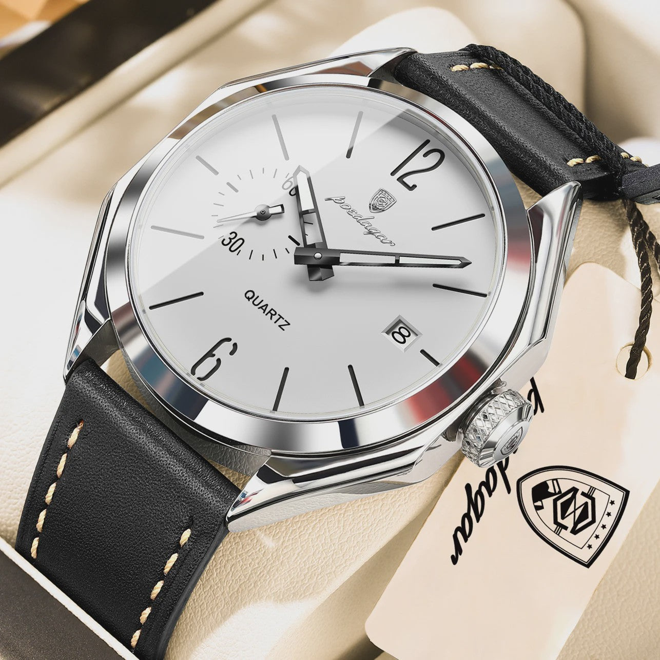 POEDAGAR Herenhorloge Leer - Zakelijk & Casual Kwarts Horloge met Datum & Waterdicht