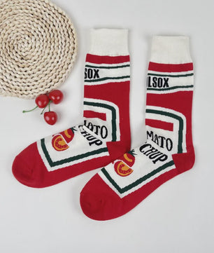 Grappige Sokken met Frietjes & Ketchup Print - Unisex Mid-Calf Sokken