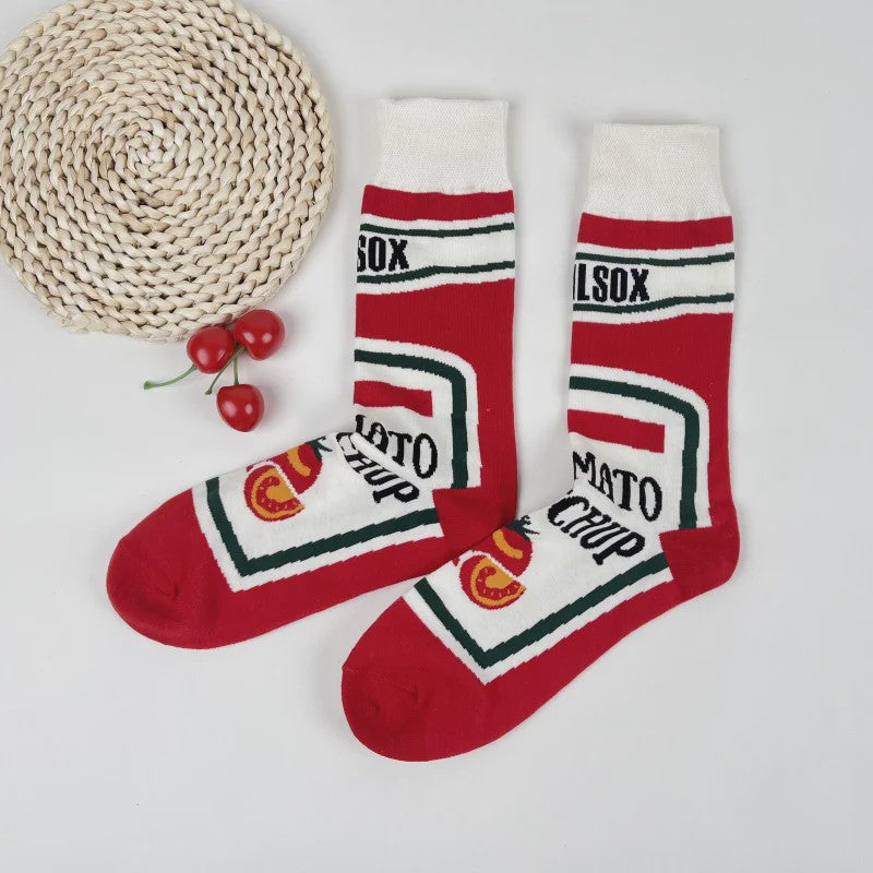 Grappige Sokken met Frietjes & Ketchup Print - Unisex Mid-Calf Sokken