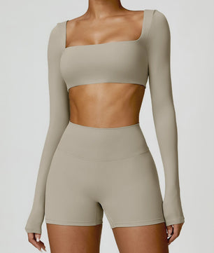 Dames Yoga Set 2-Delig: Sneldrogend Sportpak met Lange Mouwen Top en Hoge Taille Shorts