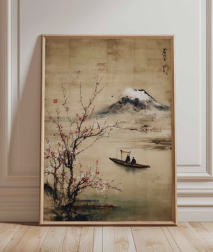 Japanse Kraanvogel Poster - Vintage Ukiyo-e Muurkunst met Rode Zon en Pijnboom