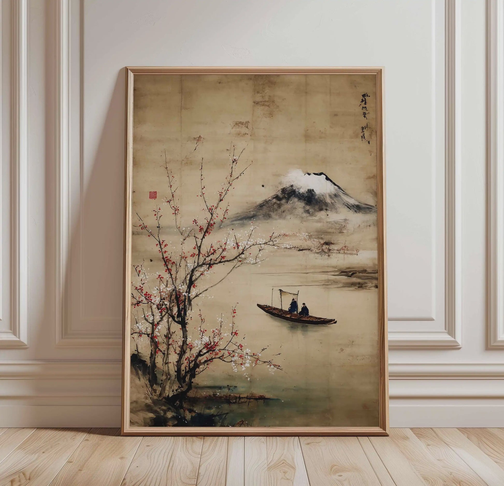 Japanse Kraanvogel Poster - Vintage Ukiyo-e Muurkunst met Rode Zon en Pijnboom