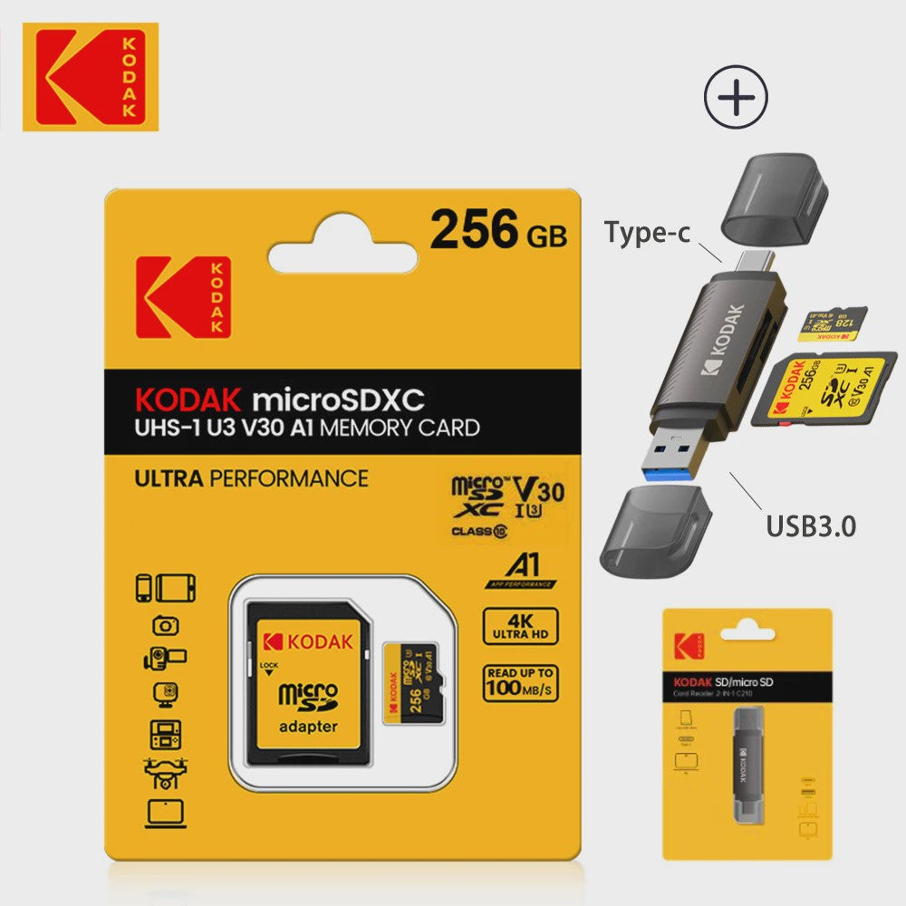 KODAK Micro SD Kaart 16GB - 256GB | Class 10 U3 4K | TF Kaart voor Drone & Telefoon
