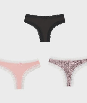 3-Pack Dames Slipjes met Kantrand - Low-Waist Thong & G-String in Luipaardprint en Effen Kleuren