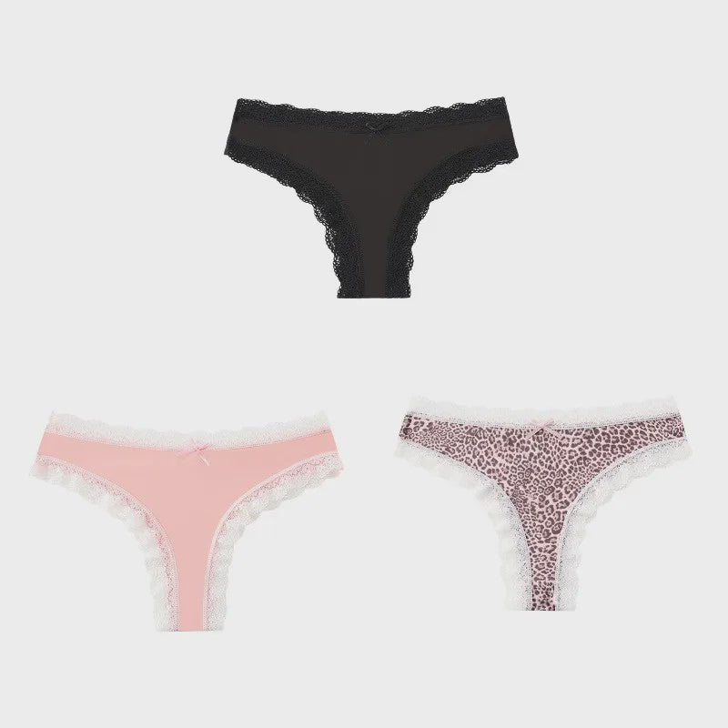 3-Pack Dames Slipjes met Kantrand - Low-Waist Thong & G-String in Luipaardprint en Effen Kleuren
