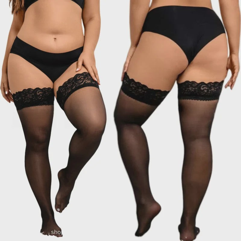 Ultra Dunne Kant Kousen tot Boven de Knie voor Plus Size Dames - Zwart & Wit