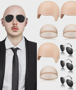 Set van 4 Kale Hoofd Pruikenkapjes & Accessoires voor Cosplay en Feest