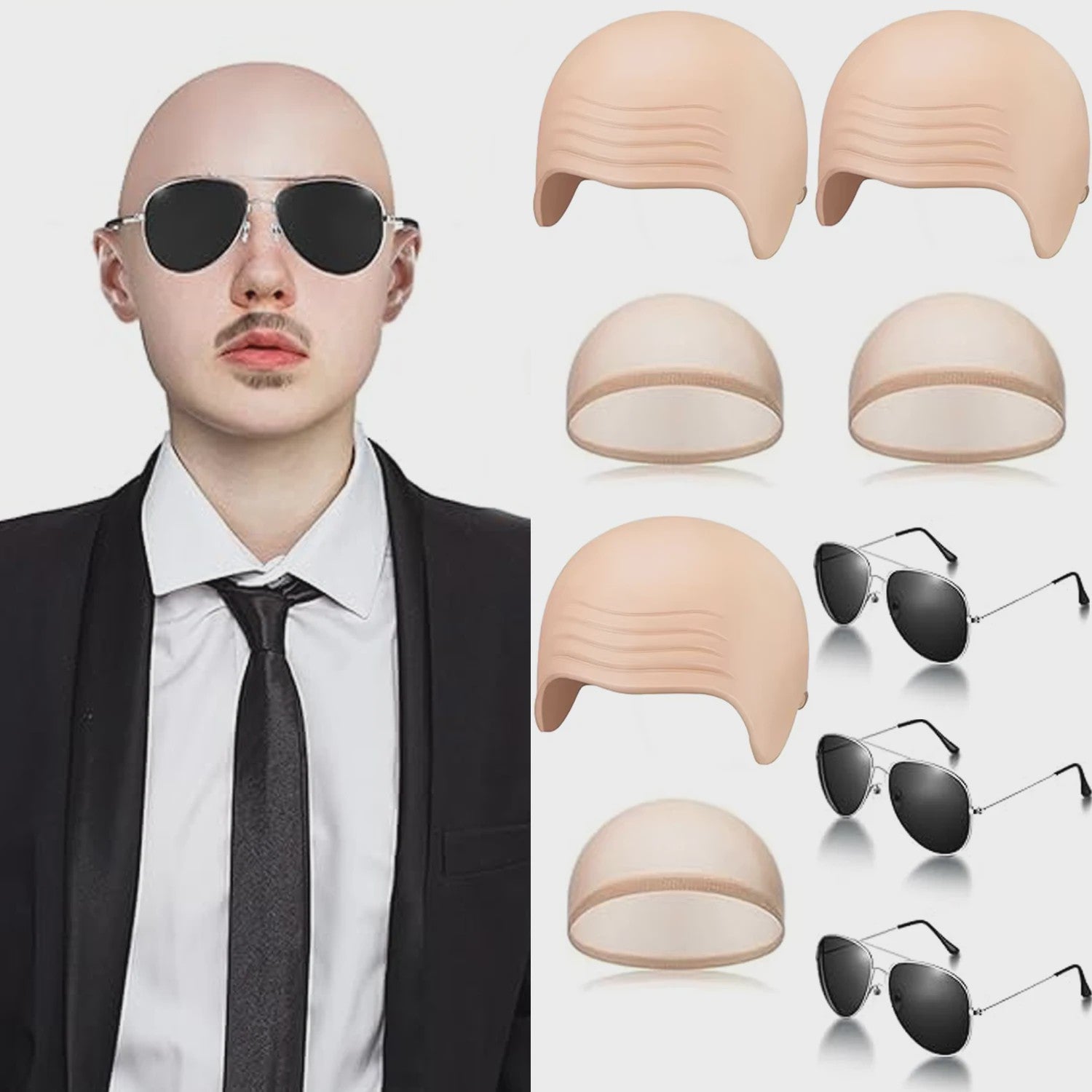 Set van 4 Kale Hoofd Pruikenkapjes & Accessoires voor Cosplay en Feest