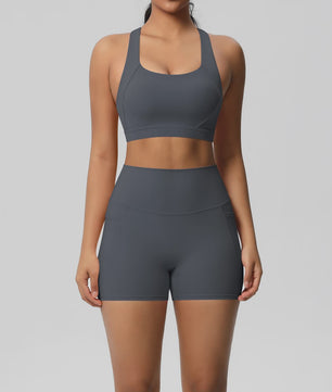 Dames Yoga Set: Sportieve Kleding met Hoge Taille Shorts en Sportbeha met Zakken