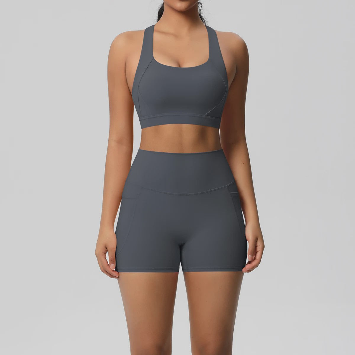 Dames Yoga Set: Sportieve Kleding met Hoge Taille Shorts en Sportbeha met Zakken