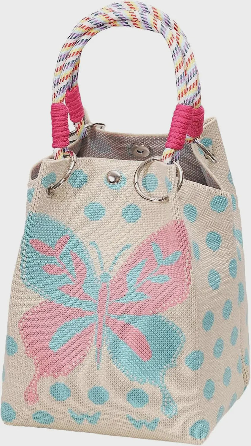 Mini Gebreide Bucket Bag Dames - Kleurrijk Colorblock Polstasje met Afneembare Handgreep