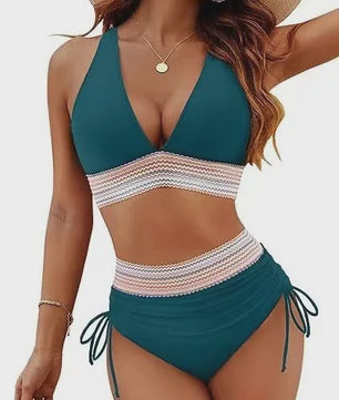 Dames Hoge Taille Bikini Set met Push-Up en Brede Schouderbanden - Zomer Strandkleding