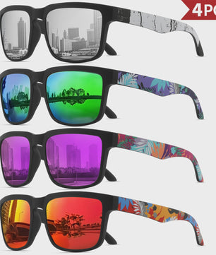 4-delige Set Vierkante Sportzonnebrillen met Designer Tempelpatroon - UV400 Bescherming