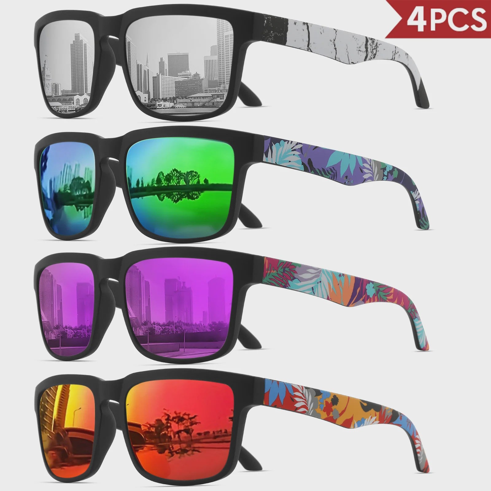 4-delige Set Vierkante Sportzonnebrillen met Designer Tempelpatroon - UV400 Bescherming