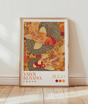Japanse Kunst Poster: Yayoi Kusama Stijl Vliegende Kraanvogels & Koi Vissen