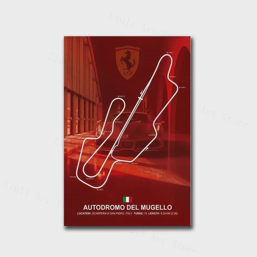 Formule 1 Circuit Poster Canvas - F1 Race Track Kunst Print voor Woonkamer Decoratie