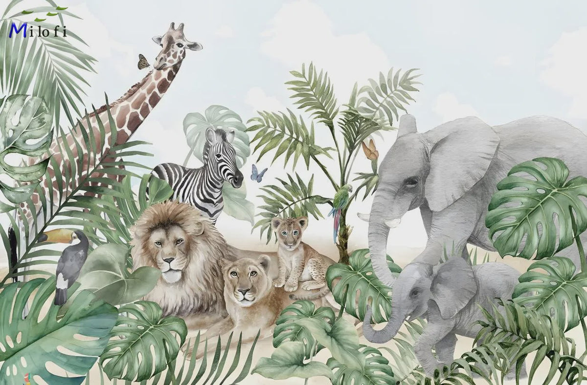 Milofi 3D Muurschildering Behang: Scandinavisch Bos met Jungle Dieren voor Kinderkamer