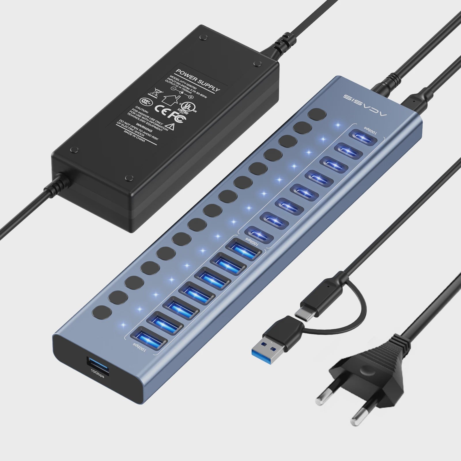 Acasis 16-Poorts USB Hub 10Gbps met Individuele Schakelaars & Snelle Data Transfer