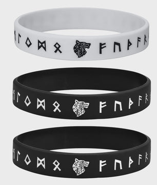 Mprainbow Heren Viking Rune Armband - Wolf Design, Zwart/Wit Siliconen Polsband