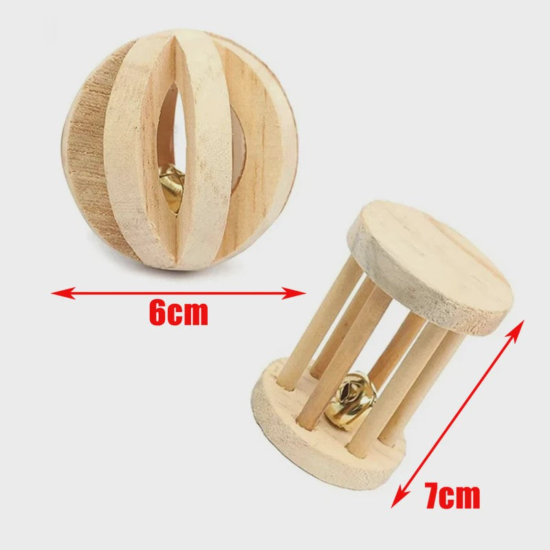 Natuurlijk Houten Speelgoed Set voor Knaagdieren, Konijnen & Hamsters - Kauwspeelgoed met Bel & Bal