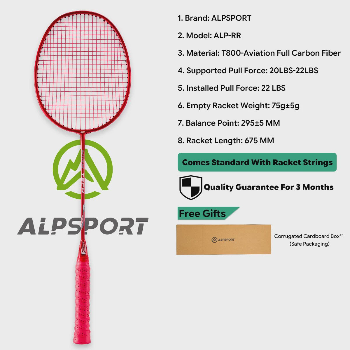 ALPSPORT RR Carbon Fiber Badminton Racket Set (2 stuks) - Offensief, 26LBS, Inclusief Tas & Shuttlecock - Ideaal voor Tieners