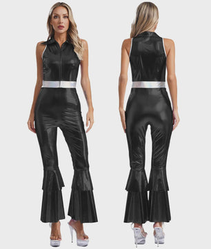 Dames Jumpsuit 70s Disco Metallic Met Wijde Pijpen en Flare Mouwen