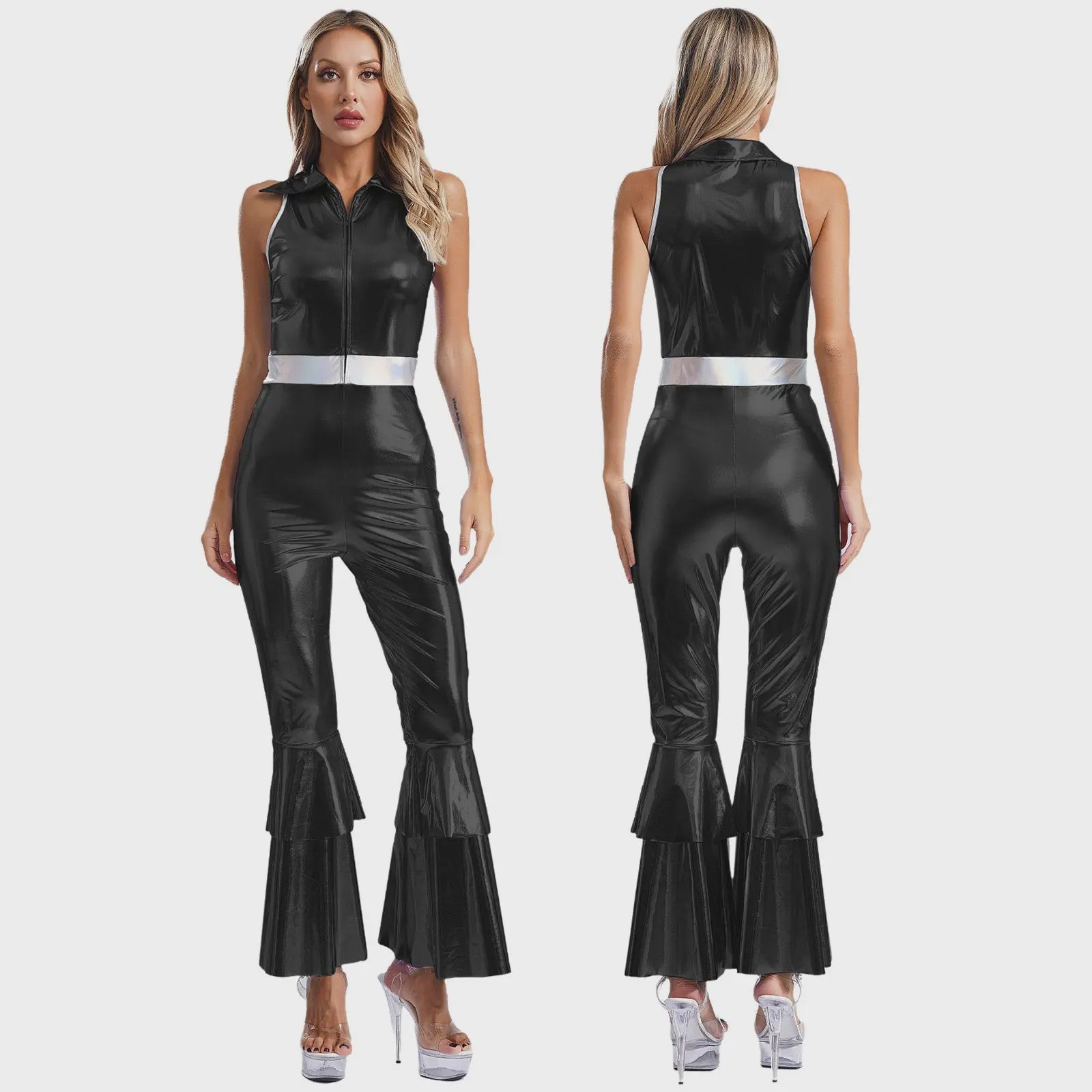 Dames Jumpsuit 70s Disco Metallic Met Wijde Pijpen en Flare Mouwen