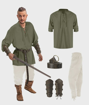 Herencostuum Middeleeuwse Piraat/Viking - Renaissance Set met Shirt, Broek, Riem & Armboeien