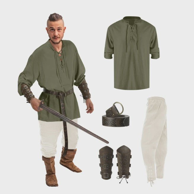 Herencostuum Middeleeuwse Piraat/Viking - Renaissance Set met Shirt, Broek, Riem & Armboeien
