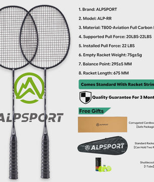 ALPSPORT RR Carbon Fiber Badminton Racket Set (2 stuks) - Offensief, 26LBS, Inclusief Tas & Shuttlecock - Ideaal voor Tieners