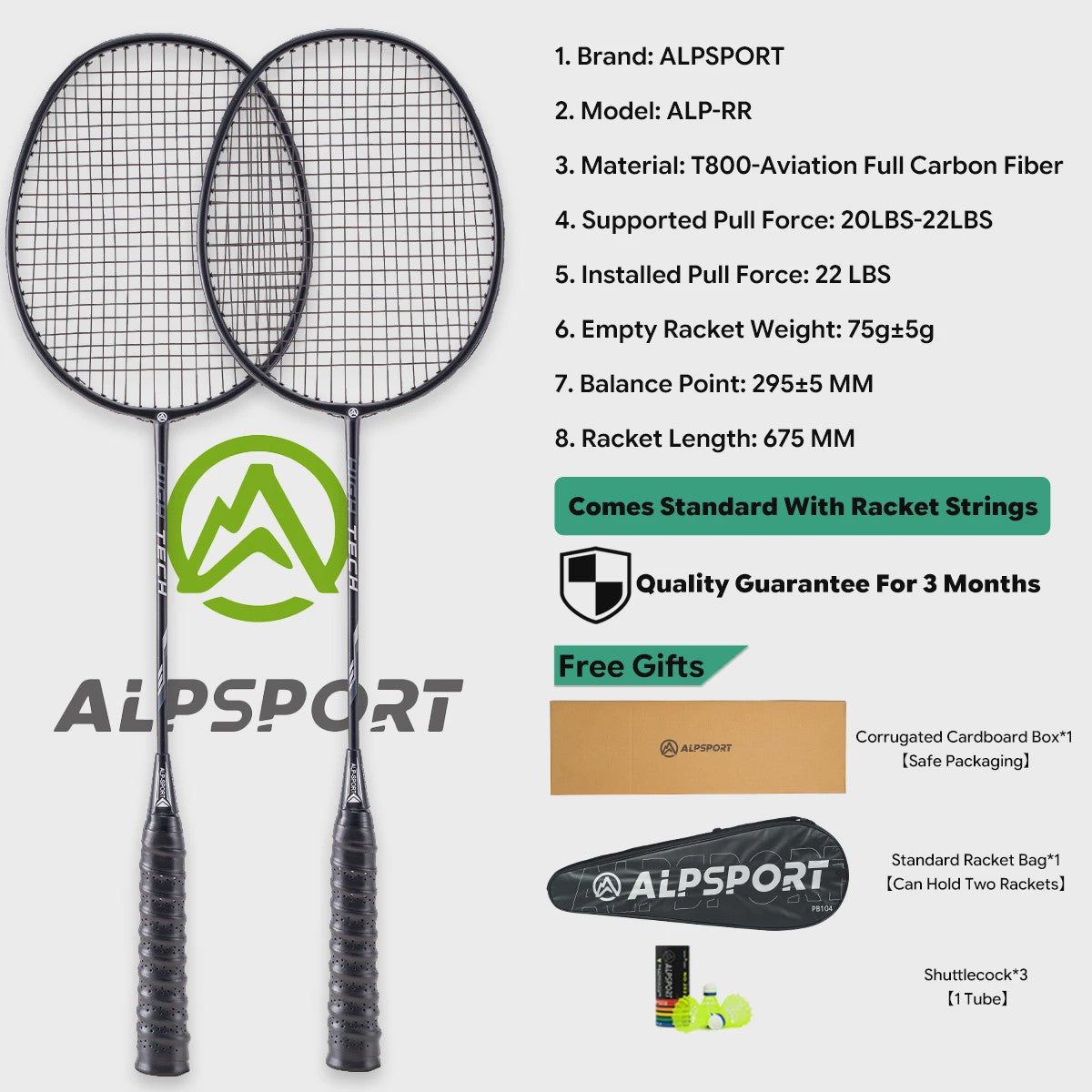 ALPSPORT RR Carbon Fiber Badminton Racket Set (2 stuks) - Offensief, 26LBS, Inclusief Tas & Shuttlecock - Ideaal voor Tieners