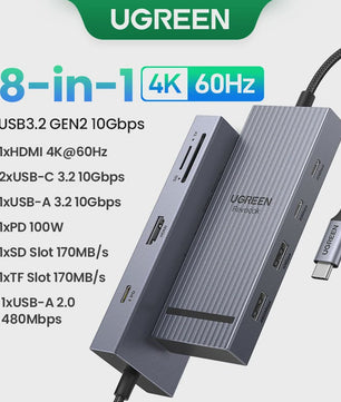 UGREEN 10-in-1 USB-C Hub: 8K/4K Dual HDMI, RJ45, USB 3.0, PD 100W - Docking Station voor MacBook & Laptop