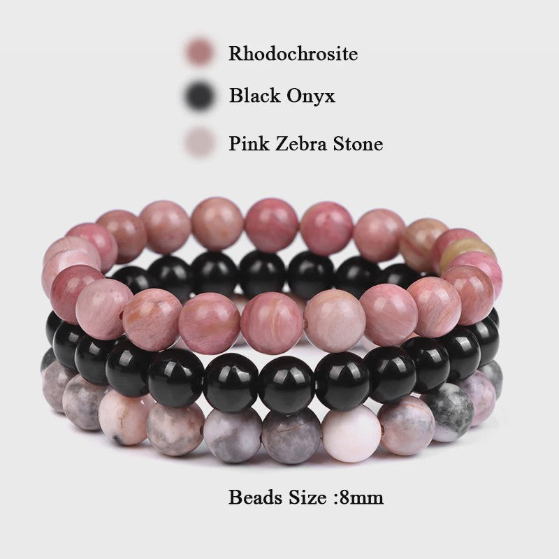 Set van 3 Natuursteen Armbanden: Rozenkwarts, Obsidiaan & Tijgeroog