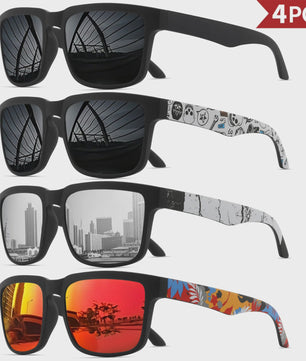 4-delige Set Vierkante Sportzonnebrillen met Designer Tempelpatroon - UV400 Bescherming