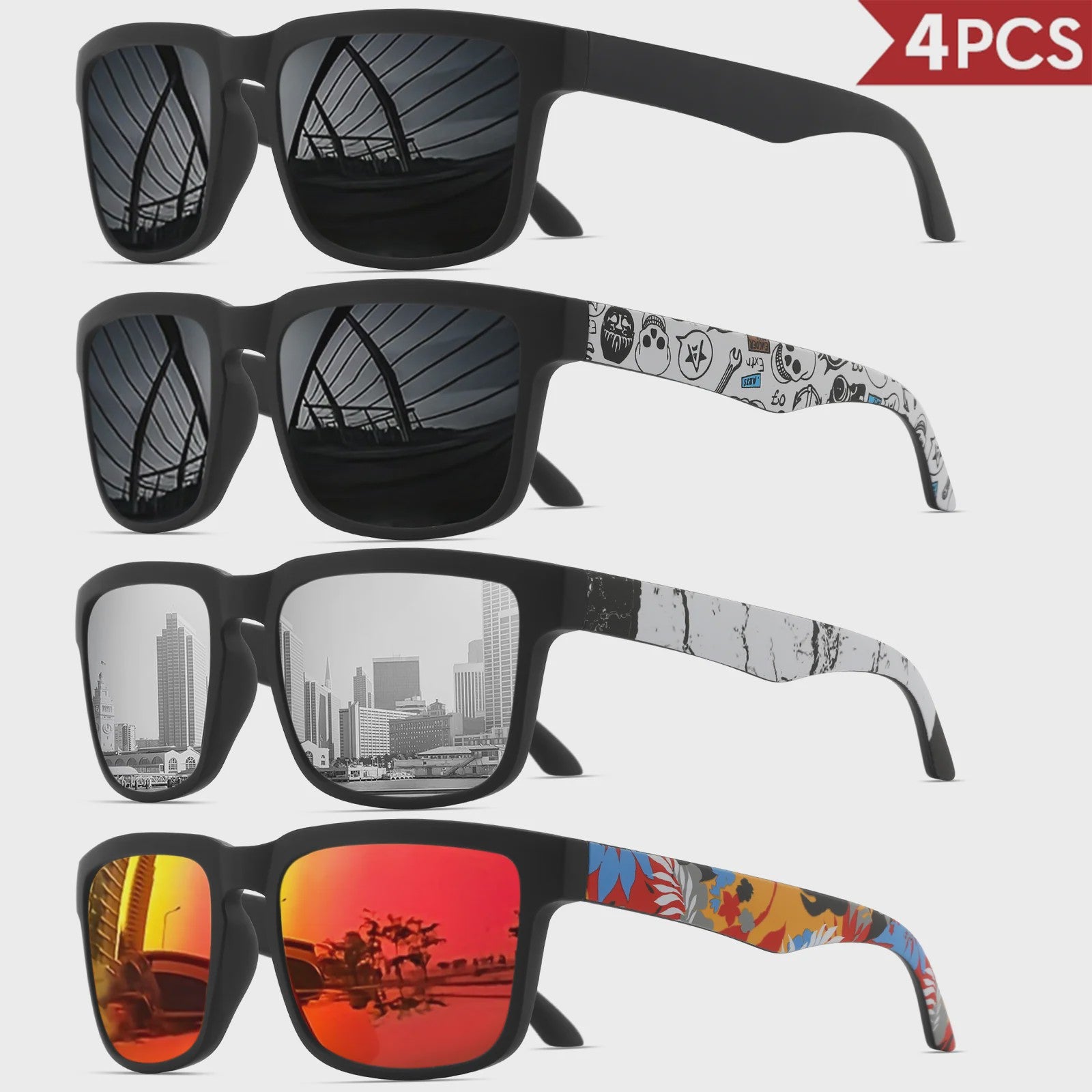 4-delige Set Vierkante Sportzonnebrillen met Designer Tempelpatroon - UV400 Bescherming