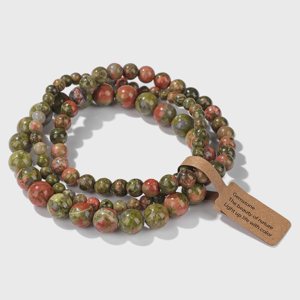 Set van 3 Natuursteen Amazoniet & Zebra Agate Armbanden - 4, 6, 8 mm Kralen