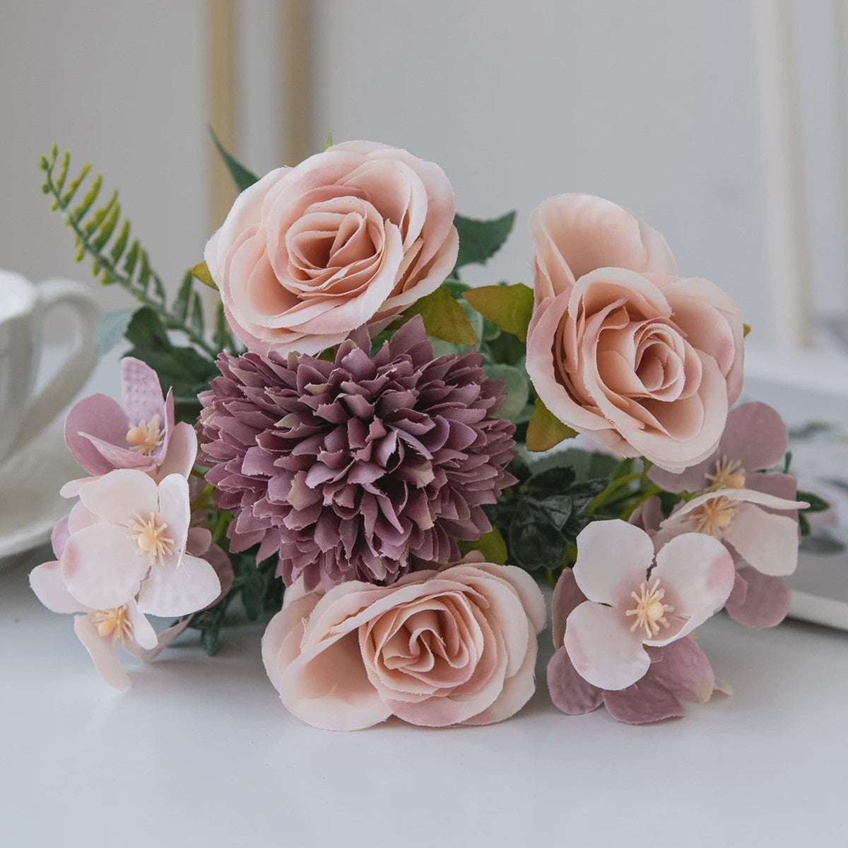 Retro Zijden Bloemenboeket: Vintage Rozen, Hortensia & Pioen voor Bruid & Decoratie