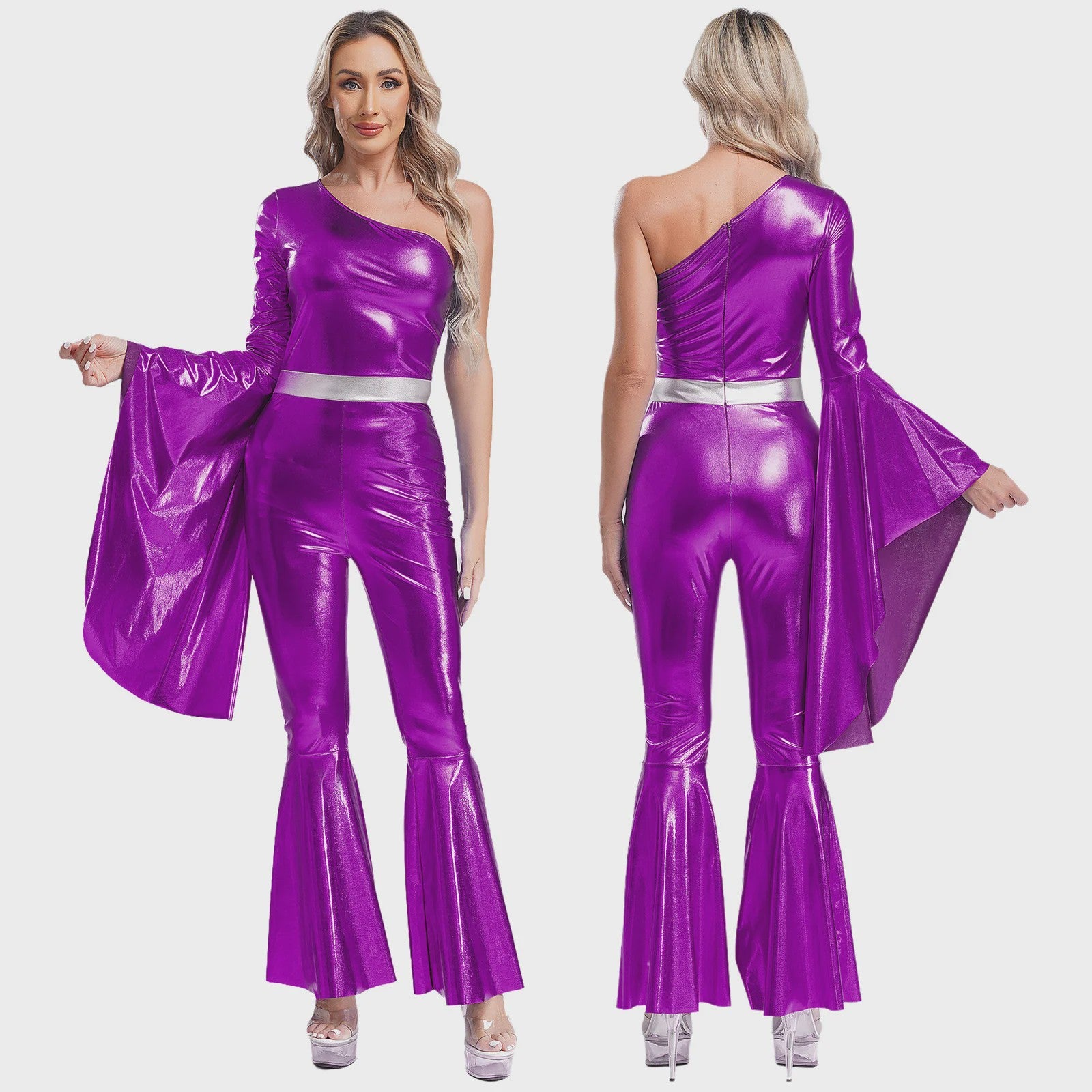 Dames Jumpsuit 70s Disco Metallic Met Wijde Pijpen en Flare Mouwen